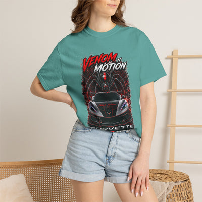 Black heavyweight Venom in Motion Corvette C8 T-shirt with coiled spider and Black Widow Performance design