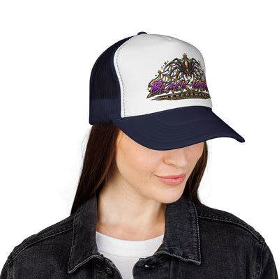 Black Widow Performance Trucker Hat — Retro Skull & Arachnid Mesh Cap