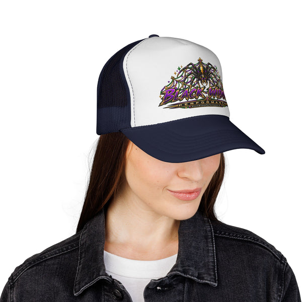 Black Widow Performance Trucker Hat — Retro Skull & Arachnid Mesh Cap
