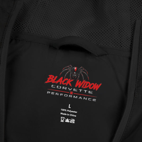Black Widow Mardi Gras black lightweight windbreaker with "March Goes Insanity" graphic and pale camo shell