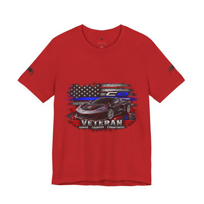 Black Veteran Corvette C8 Tee with Black Widow Performance graphic on black Bella+Canvas cotton shirt