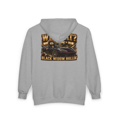 Black Widow full-zip hoodie with racing streetwear design in Saints colors, featuring bold graphics and adjustable hood