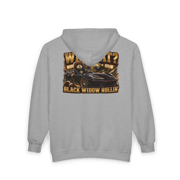 Black Widow full-zip hoodie with racing streetwear design in Saints colors, featuring bold graphics and adjustable hood