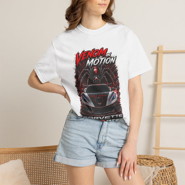 Venom in Motion Corvette C8 T-shirt with black widow and spider graphic, heavyweight garment-dyed cotton, relaxed fit car tee