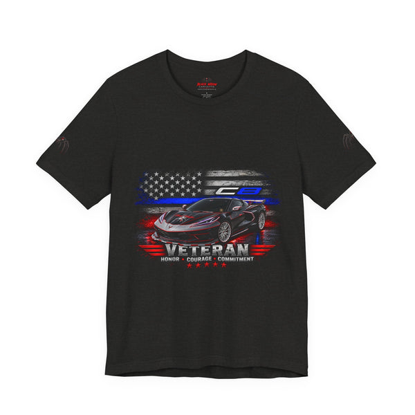 Black Veteran Corvette C8 Tee with Black Widow Performance graphic on breathable cotton shirt