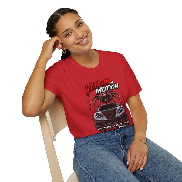 Black Widow Performance Venom in Motion Corvette tee with racing spider graphic on black crewneck