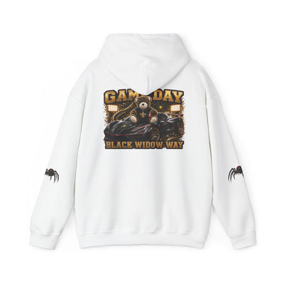 Black Widow Performance Hoodie with racing graphics and spider accents in black cotton-poly blend