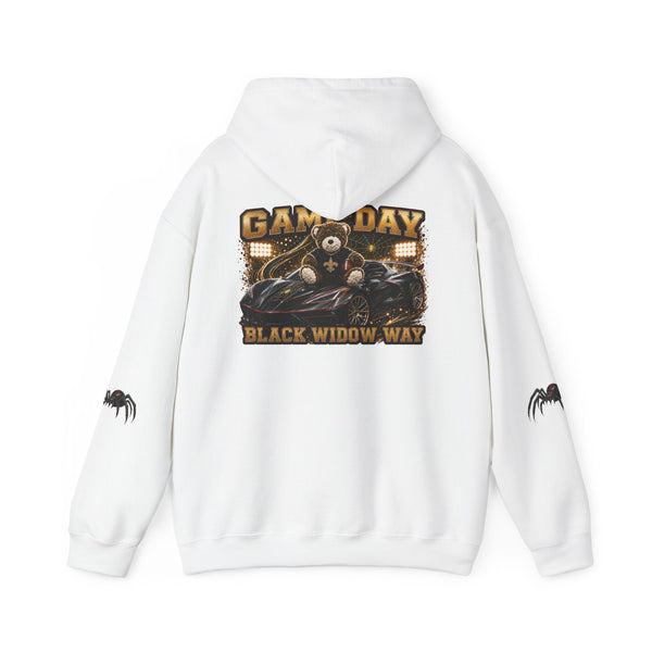 Black Widow Performance Hoodie with racing graphics and spider accents in black cotton-poly blend