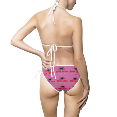 Pink 'Black Widow' logo women's tie-side triangle bikini swimsuit with adjustable straps and removable pads