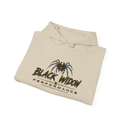 Black Widow Performance Hoodie with racing graphic and spider accents on sleeves