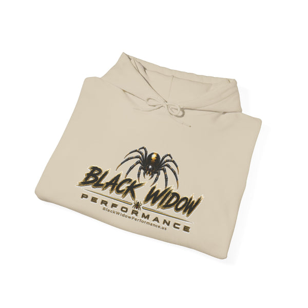 Black Widow Performance Hoodie with racing graphic and spider accents on sleeves