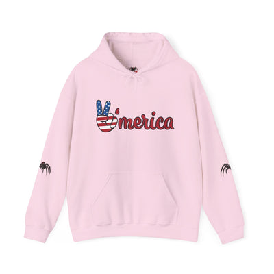 Cozy Veteran ’Merica Car Flag Hoodie with patriotic Corvette and distressed flag design, kangaroo pocket, and adjustable hood