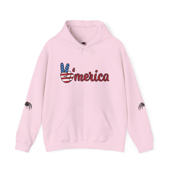 Cozy Veteran ’Merica Car Flag Hoodie with patriotic Corvette and distressed flag design, kangaroo pocket, and adjustable hood