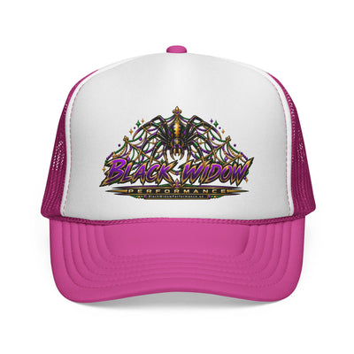 Black Widow Performance Trucker Hat — Retro Skull & Arachnid Mesh Cap