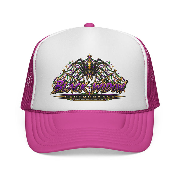 Black Widow Performance Trucker Hat — Retro Skull & Arachnid Mesh Cap
