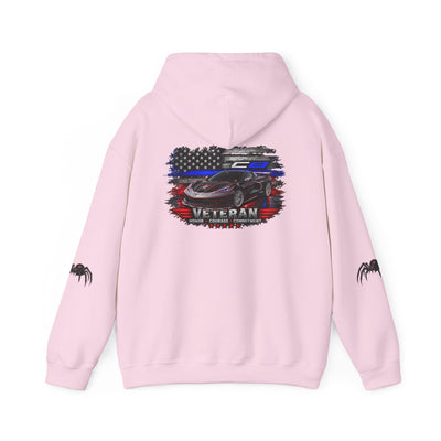 Veteran ’Merica Car Flag Hoodie with patriotic Corvette and distressed flag design on soft midweight fabric