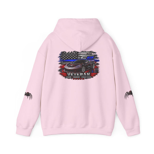 Veteran ’Merica Car Flag Hoodie with patriotic Corvette and distressed flag design on soft midweight fabric