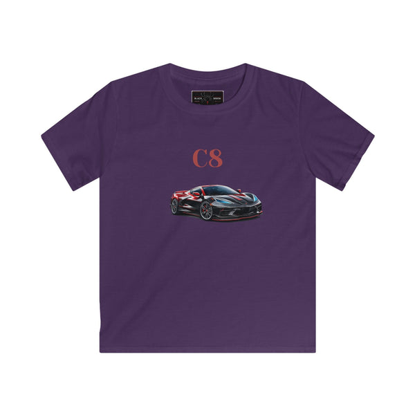 Kids C8 Corvette black widow tee with sports car motif for kids