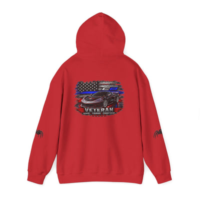 Cozy Veteran ’Merica Car Flag Hoodie with patriotic Corvette pullover design and distressed flag car graphic