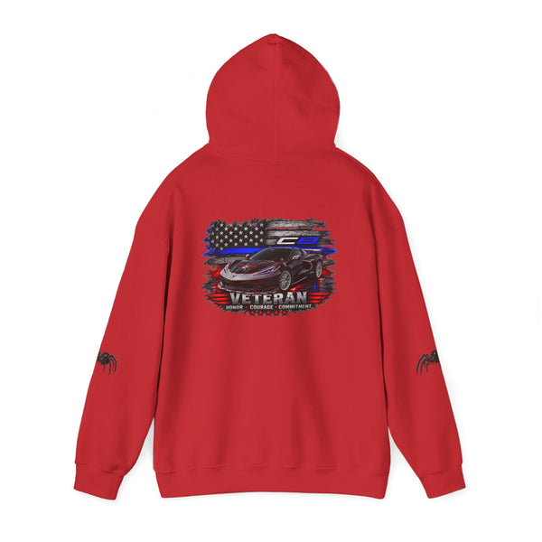 Cozy Veteran ’Merica Car Flag Hoodie with patriotic Corvette pullover design and distressed flag car graphic