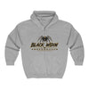 Black Widow full-zip racing hoodie in Saints colors with bold graphic and adjustable hood