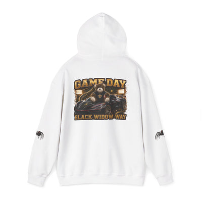 Black Widow Performance Hoodie with racing graphic and spider sleeve accents in black hoodie design
