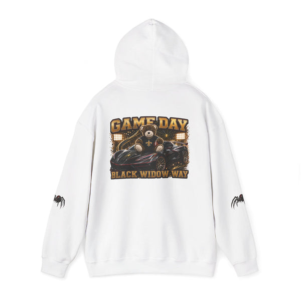 Black Widow Performance Hoodie with racing graphic and spider sleeve accents in black hoodie design