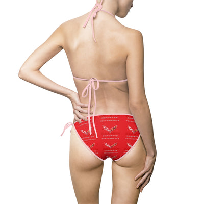 Pink Black Widow logo women's tie-side triangle bikini swimsuit set on white background