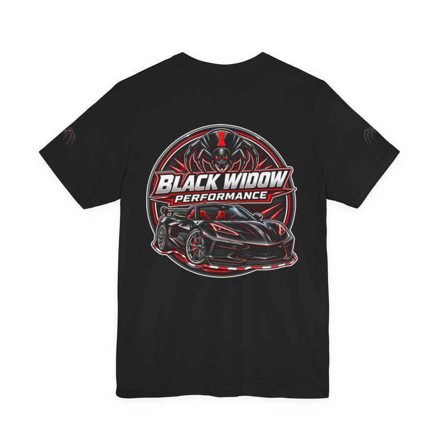 Black Widow Corvette C8 Tee with snarling Corvette graphic and molten orange highlights on lightweight breathable cotton shirt