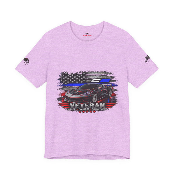 Black Veteran Corvette C8 Tee with Black Widow Performance graphic on a black cotton t-shirt