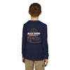 Youth Long Sleeve Tee — 'Be Nice You Jerk' Spider Graphic Front & Black Widow Performance Car Back