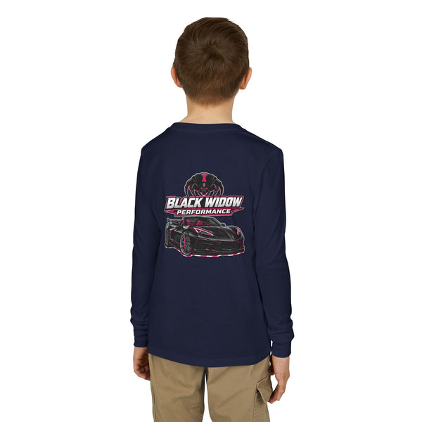 Youth Long Sleeve Tee — 'Be Nice You Jerk' Spider Graphic Front & Black Widow Performance Car Back