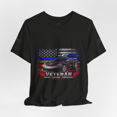 Black Veteran Corvette C8 Tee with Black Widow Performance graphic on black cotton shirt