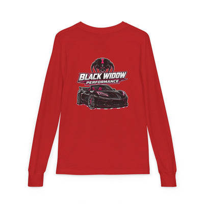 Youth Long Sleeve Tee — 'Be Nice You Jerk' Spider Graphic Front & Black Widow Performance Car Back