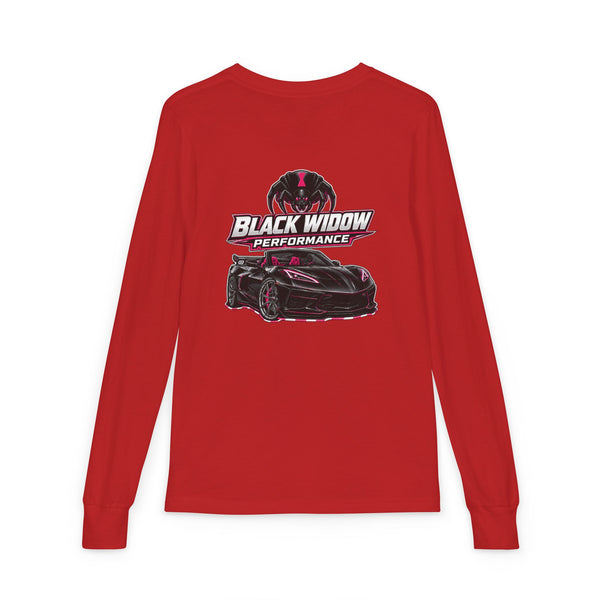 Youth Long Sleeve Tee — 'Be Nice You Jerk' Spider Graphic Front & Black Widow Performance Car Back