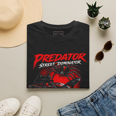 Black Widow Corvette C8 graphic on black crew neck t-shirt with street predator design