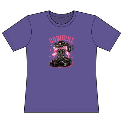 Women's fitted pink Cowgirl graphic tee with cowboy boots and hat design