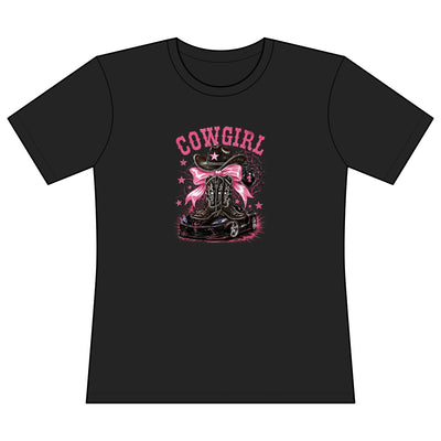 Women's fitted pink cowgirl graphic tee with cowboy boot and hat design