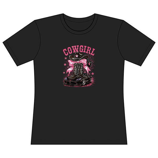Women's fitted pink cowgirl graphic tee with cowboy boot and hat design