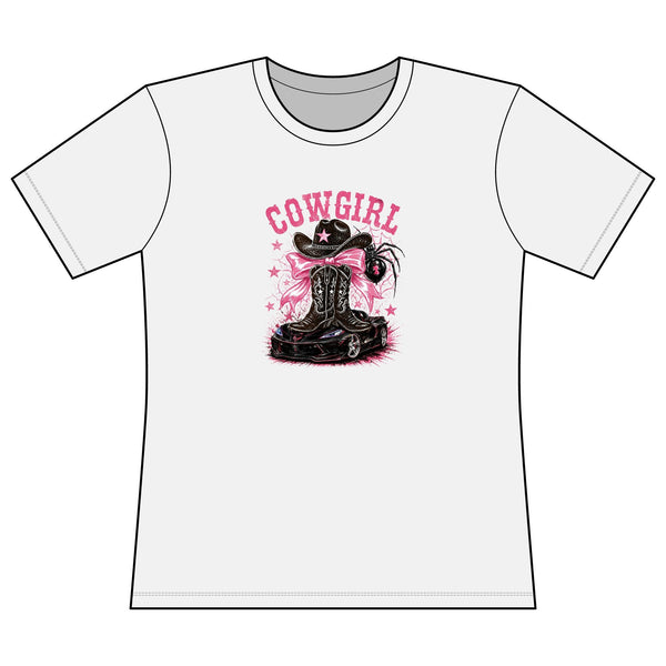 Women's fitted pink Cowgirl graphic tee with cowboy boot and hat design on front