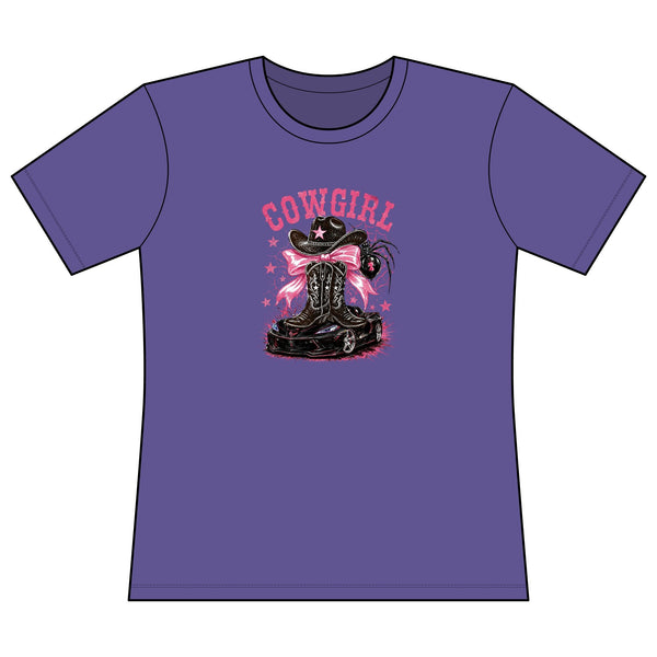 Women's fitted pink Cowgirl graphic tee with cowboy boots and hat design