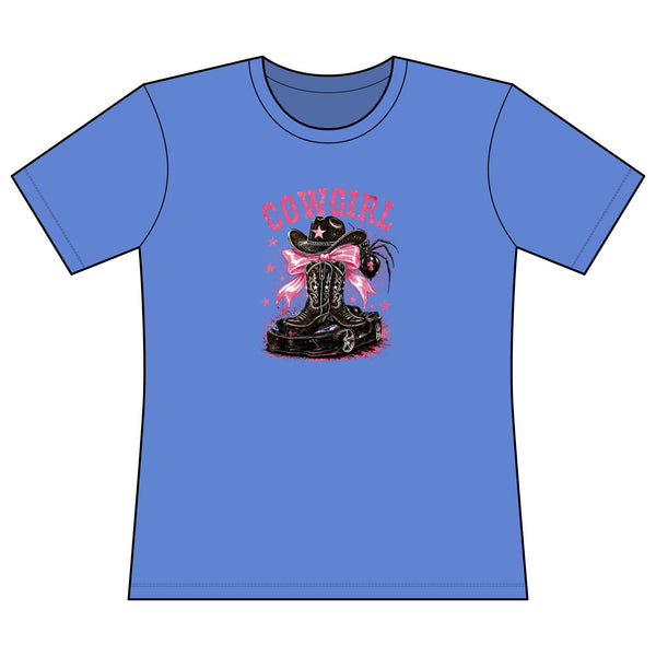 Women's fitted pink Cowgirl graphic tee with cowboy boot and hat design