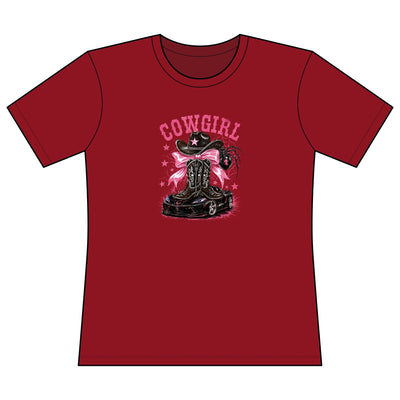 Women's fitted pink Cowgirl graphic tee with cowboy boot and hat design