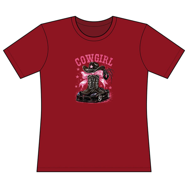 Women's fitted pink Cowgirl graphic tee with cowboy boot and hat design