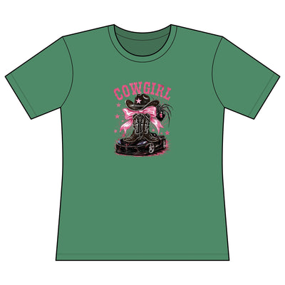 Women's fitted pink Cowgirl graphic tee with cowboy boot and hat design
