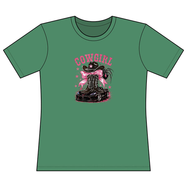 Women's fitted pink Cowgirl graphic tee with cowboy boot and hat design