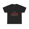 Black Widow Corvette performance tee with vintage car graphic and size guide table