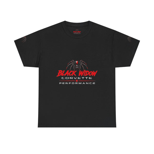 Black Widow Corvette performance tee with vintage car graphic and size guide table