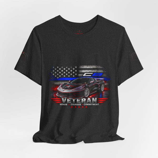 Black Veteran Corvette C8 Tee with Black Widow Performance graphic on front