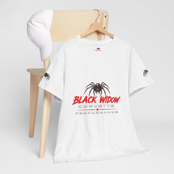 Black Widow Corvette performance tee with vintage emblem and cinematic rear graphic, 100% cotton, available in multiple sizes